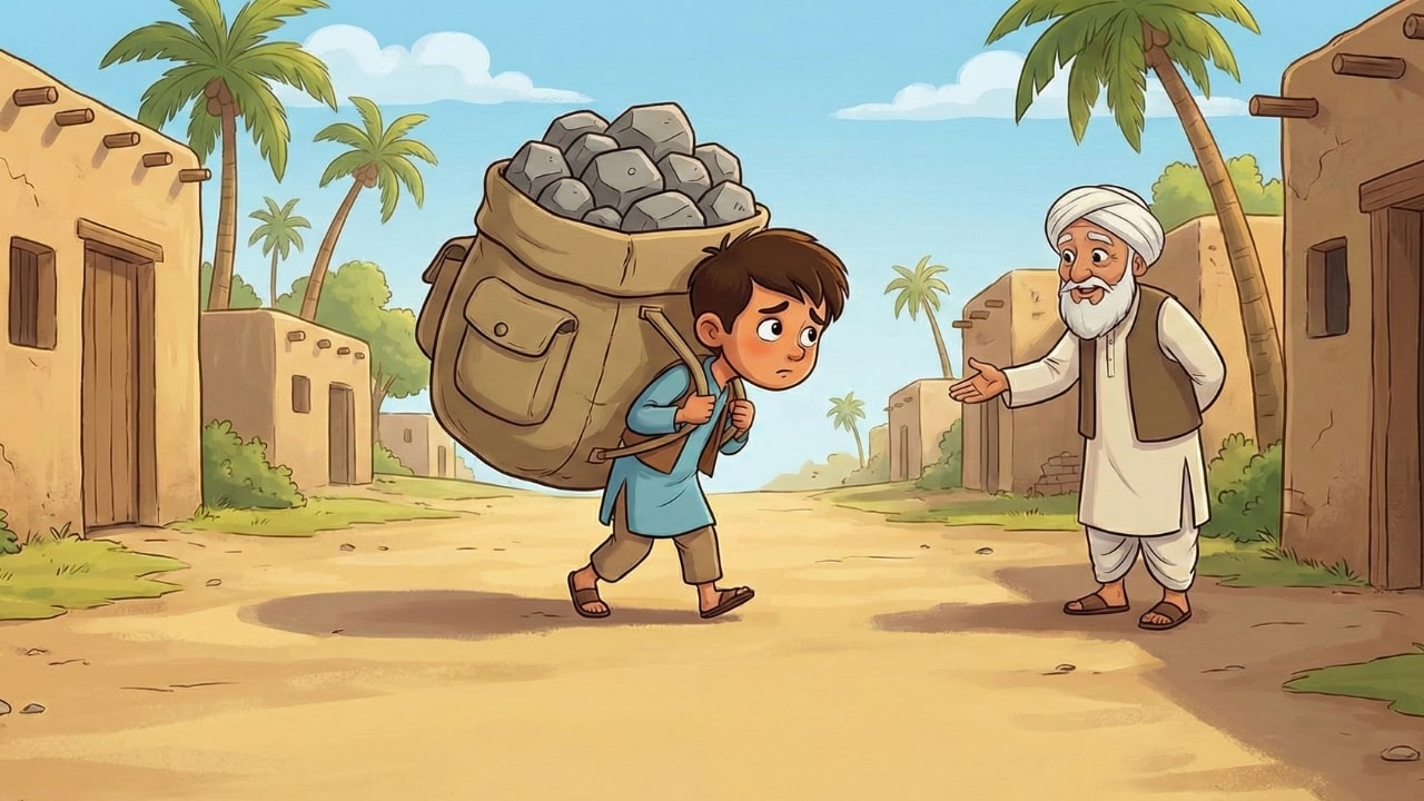 Hamza with a heavy backpack illustration