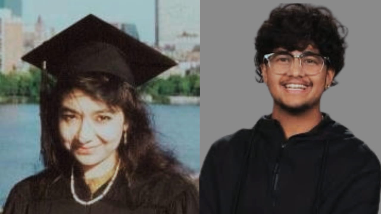 A split image showing Aafia Siddiqui wearing a graduation cap and gown on the left, and her nephew Muhammad Ahmed Siddiqui smiling and wearing glasses and a black hoodie on the right.