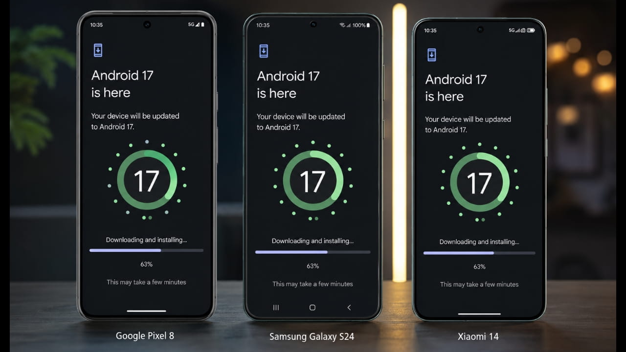 Android 17 update screen on various smartphone brands including Pixel, Samsung, and Xiaomi