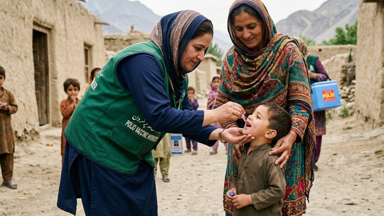 Dedicated frontline health worker administering oral polio vaccine drops to a child in Pakistan