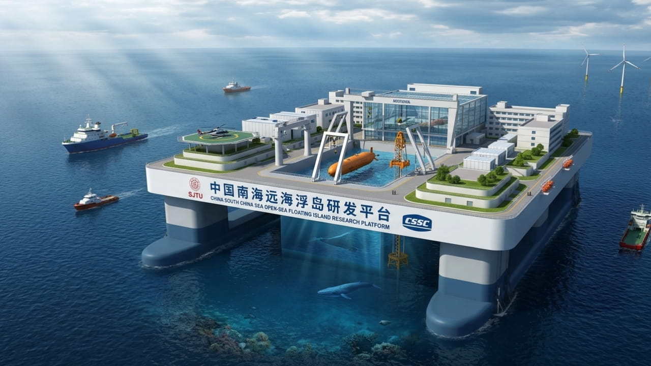 Artist rendering of China's Open-Sea Floating Island research platform with semi-submersible twin-hull design
