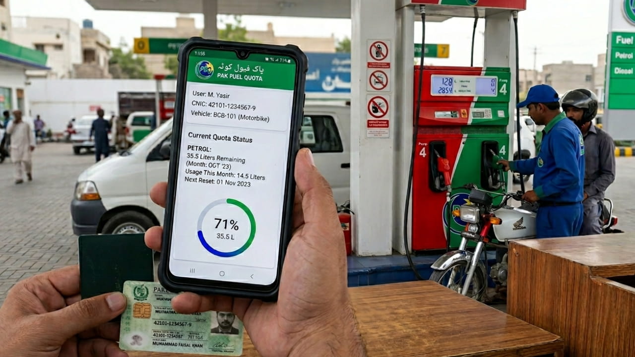 Smartphone displaying fuel quota app interface with petrol pump and CNIC card in background