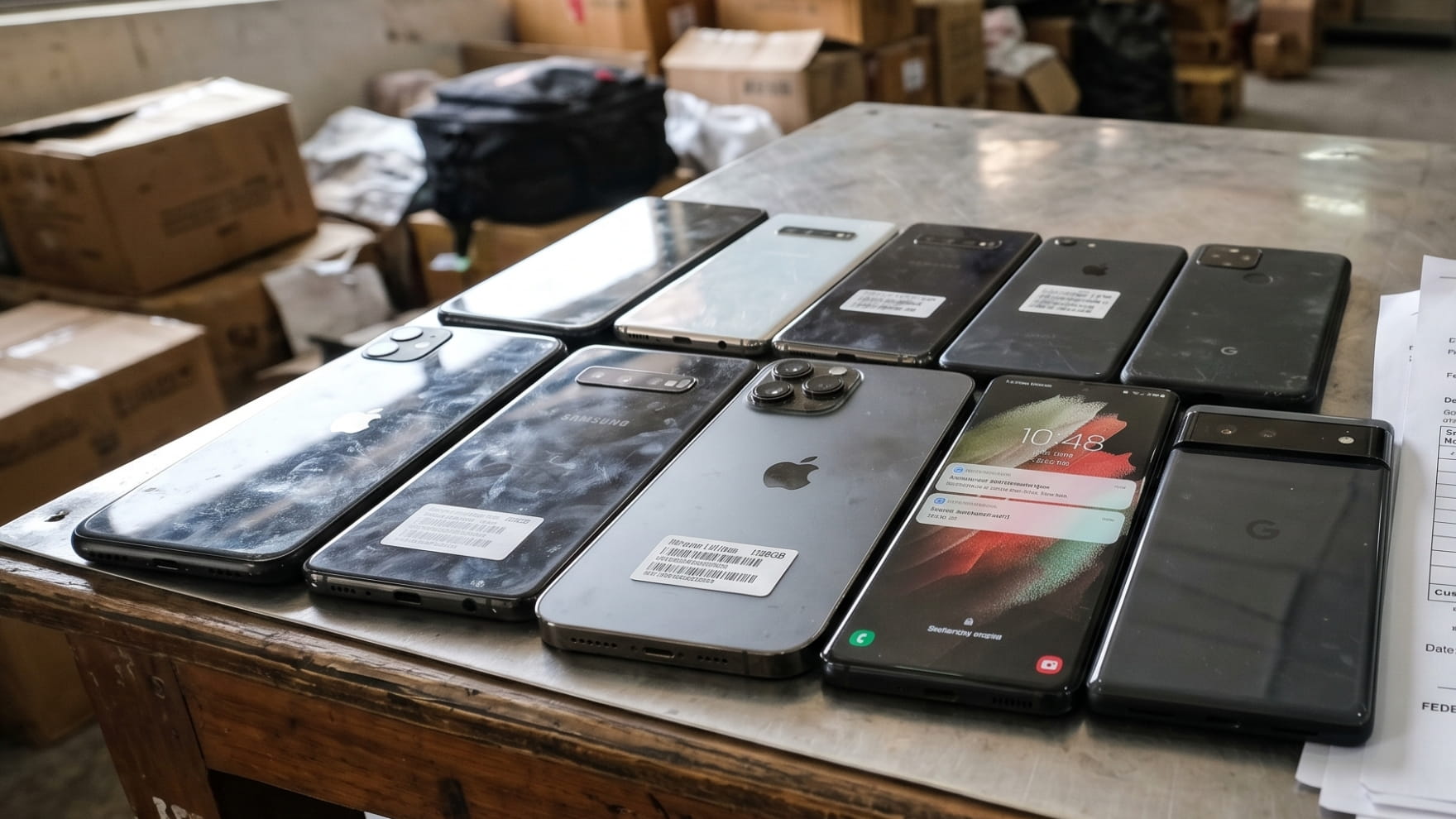 Used smartphones including iPhone, Samsung Galaxy, and Google Pixel with customs documentation