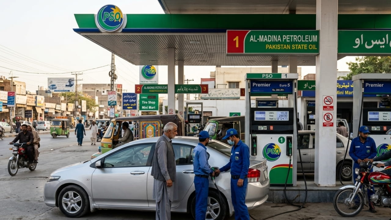 Petrol pump with Pakistani flag and relief fund concept showing government support for fuel prices