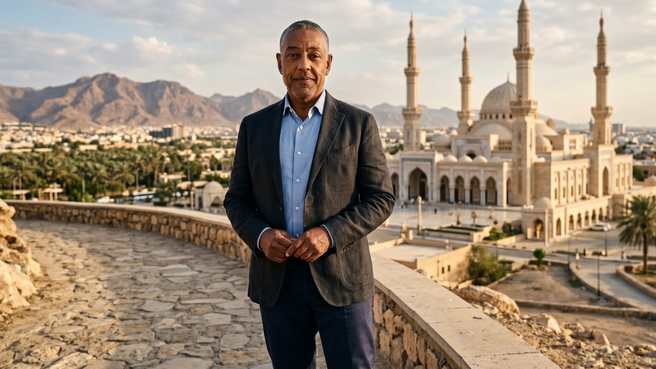Giancarlo Esposito, the Breaking Bad star, standing in Saudi Arabia with a mosque in the background