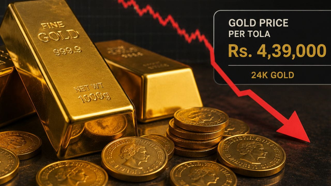 Gold bars and coins with a downward arrow representing the drop in gold prices below Rs. 4.4 lakh in Pakistan