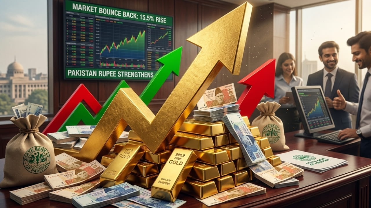A golden upward arrow superimposed over gold bars and Pakistani currency representing the market bounce back