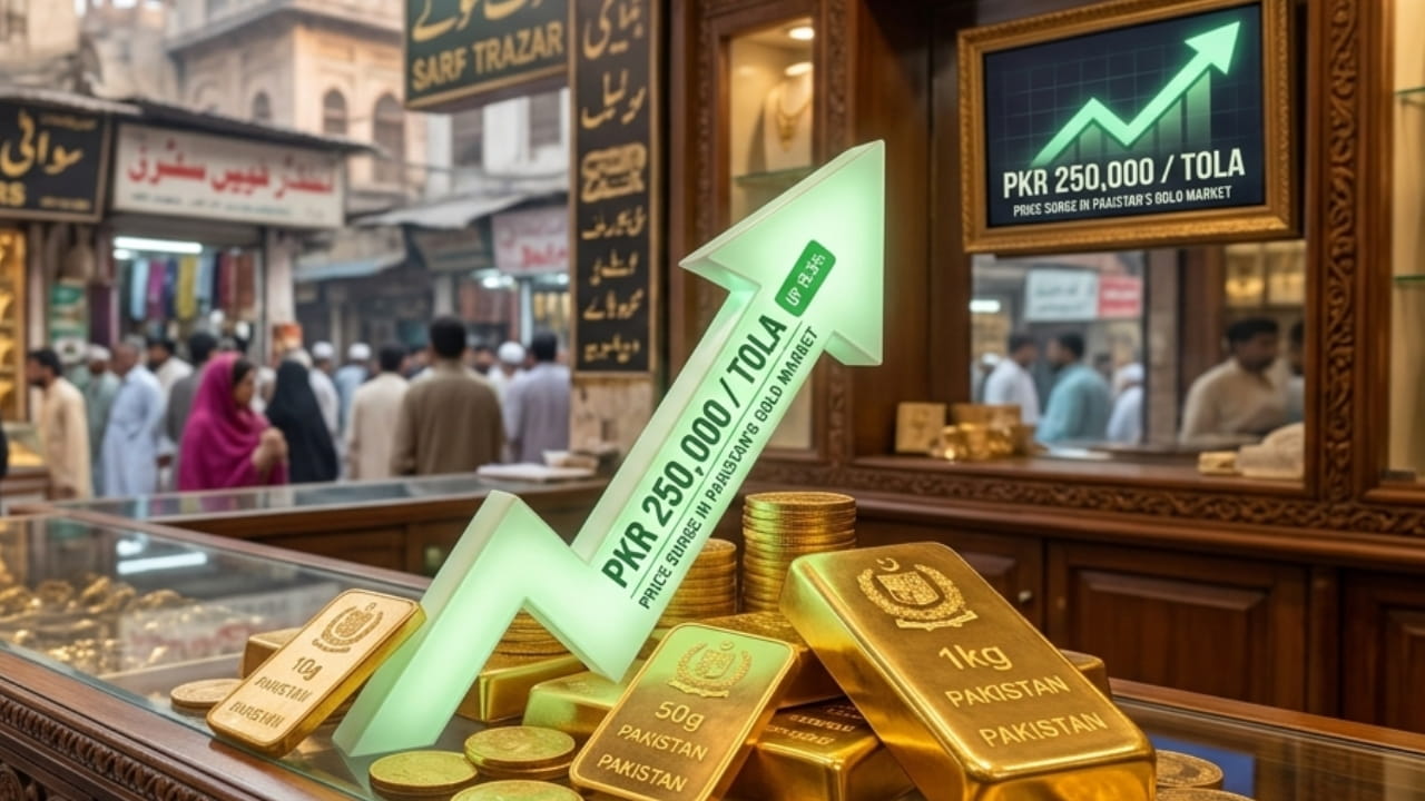 Gold bars and coins with an upward arrow showing the price surge in Pakistan's gold market