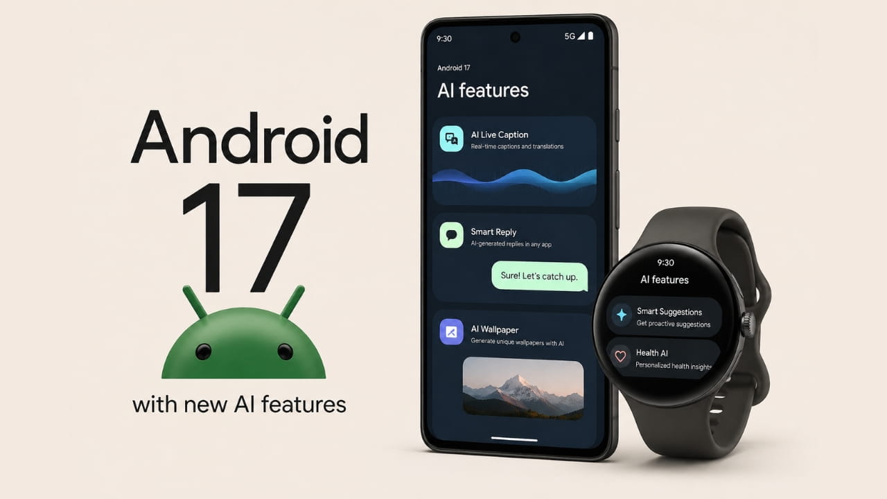 Android 17 logo with Pixel smartphone and Wear OS smartwatch displaying new AI features