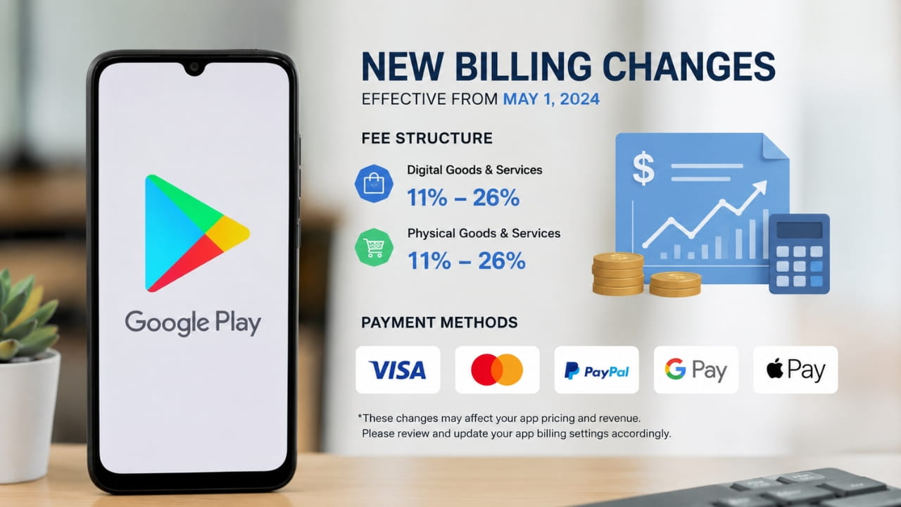 Google Play Store logo with payment icons and fee structure graphics representing new billing changes