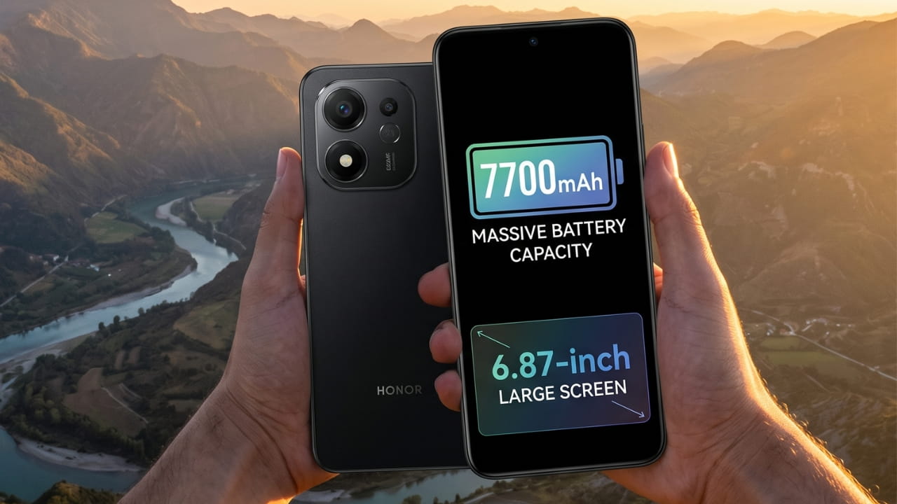 Honor 600 Smart smartphone displaying its massive 7700mAh battery capacity and large 6.87-inch screen
