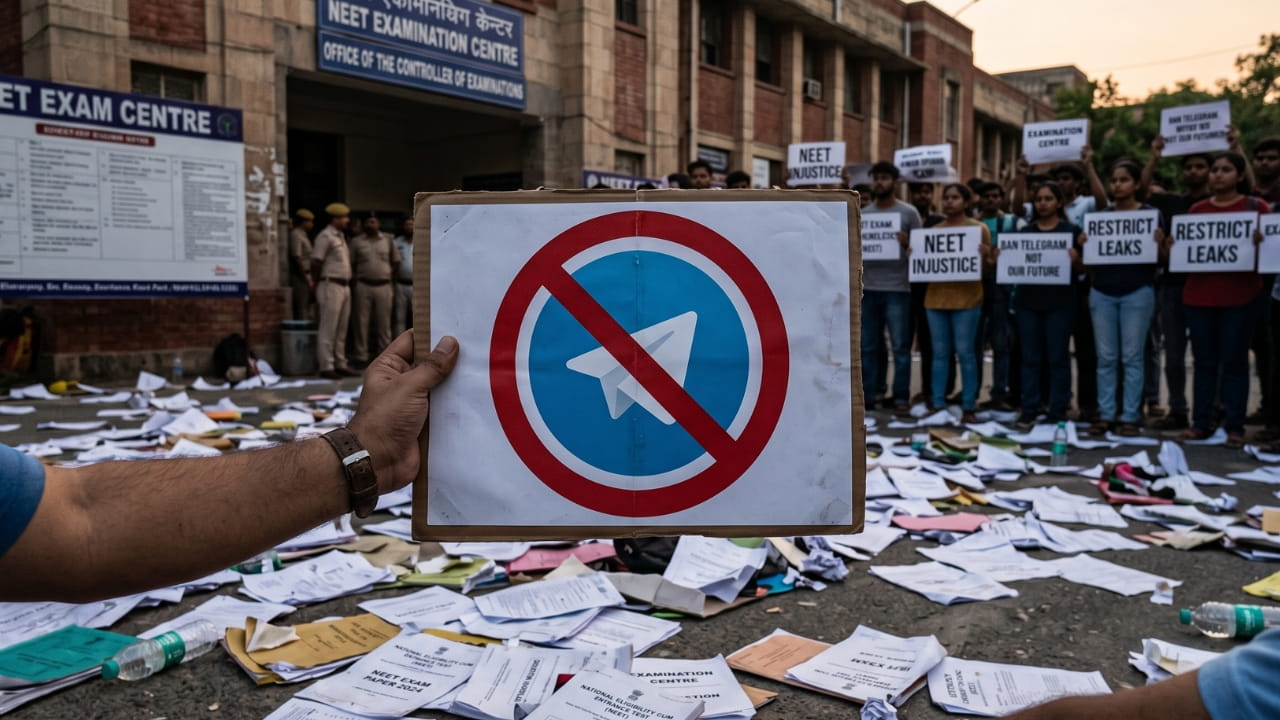 Telegram app logo with a ban symbol and NEET exam papers in the background representing the restriction