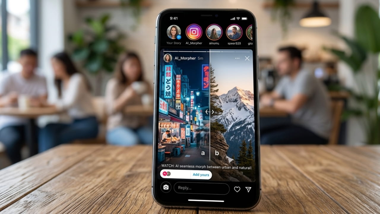 A smartphone screen showing an Instagram Story seamlessly morphing between two photographs using AI