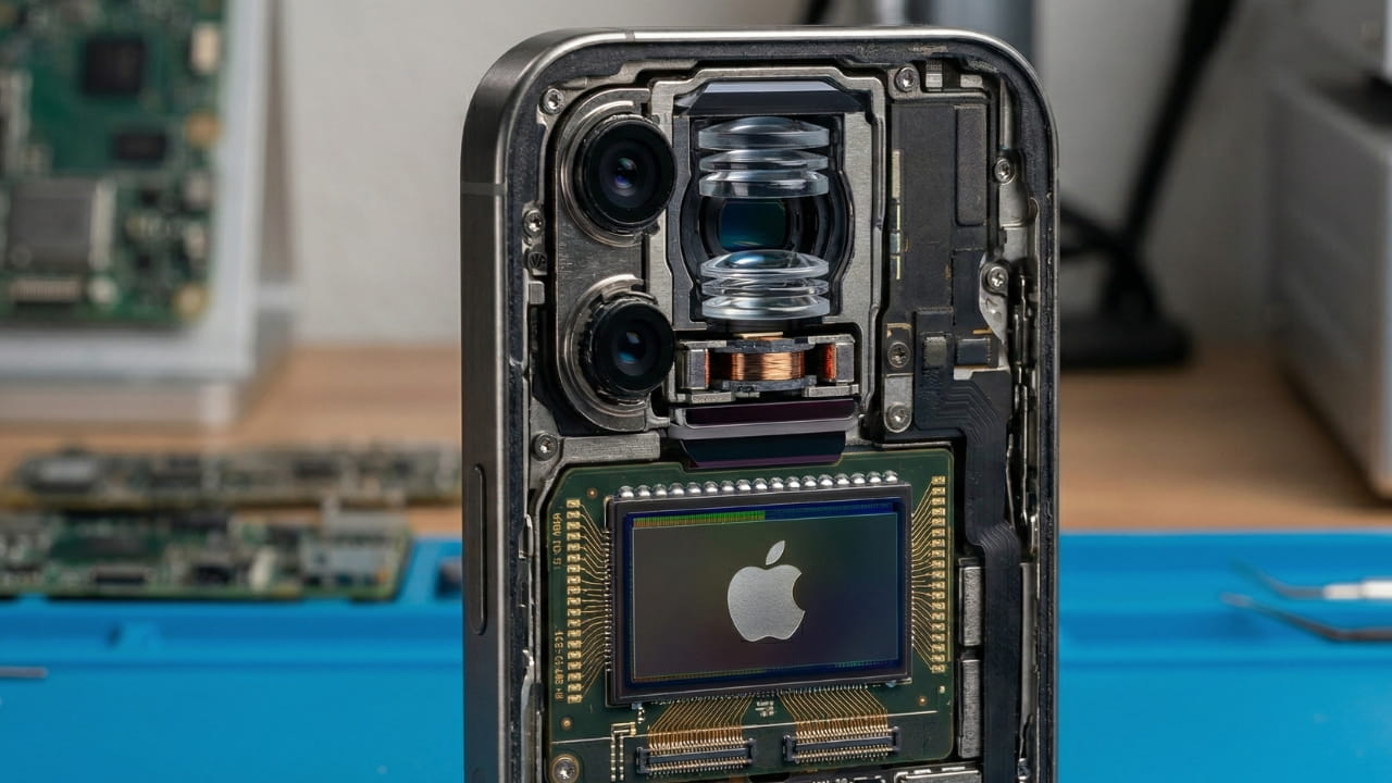 iPhone camera lens cross-section showing sensor technology with Samsung and Apple logos