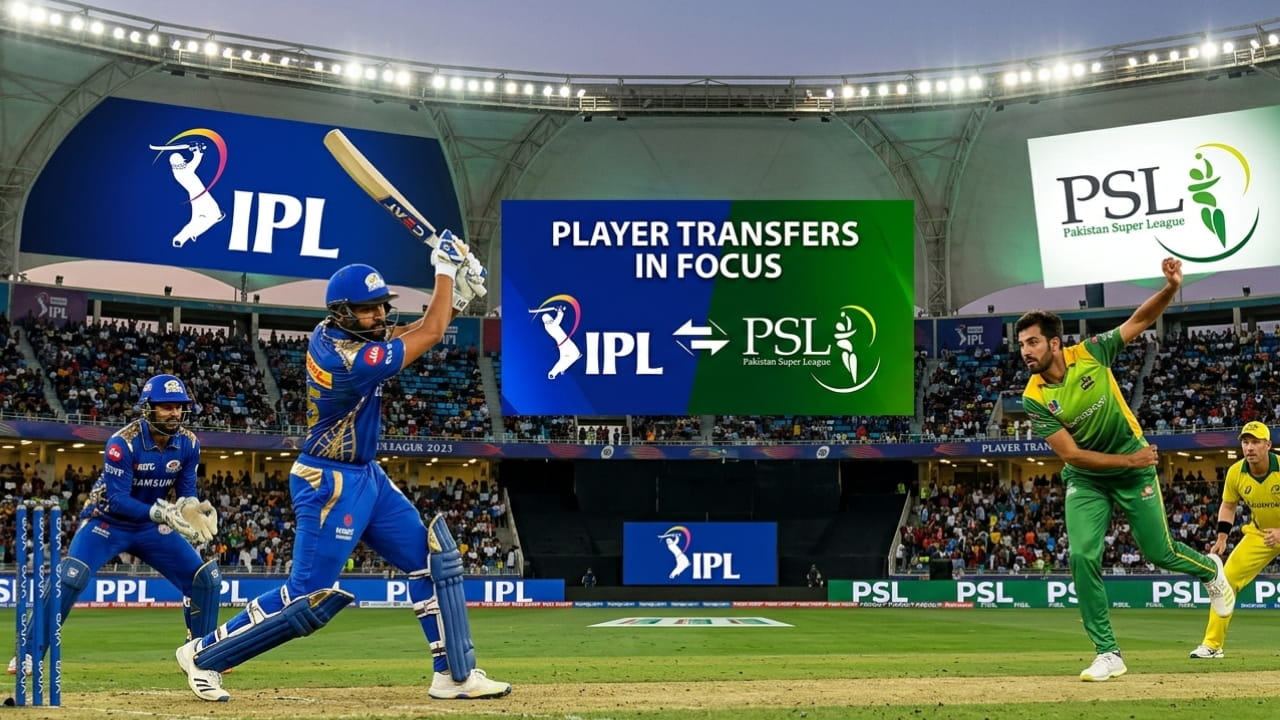 Cricket players in action with IPL and PSL logos in the background representing player transfers between leagues