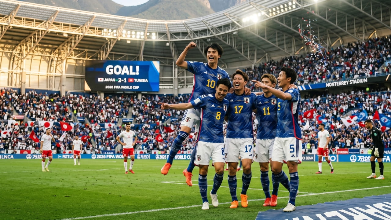 Japan players celebrating after scoring a goal against Tunisia in the 2026 World Cup match at Monterrey Stadium