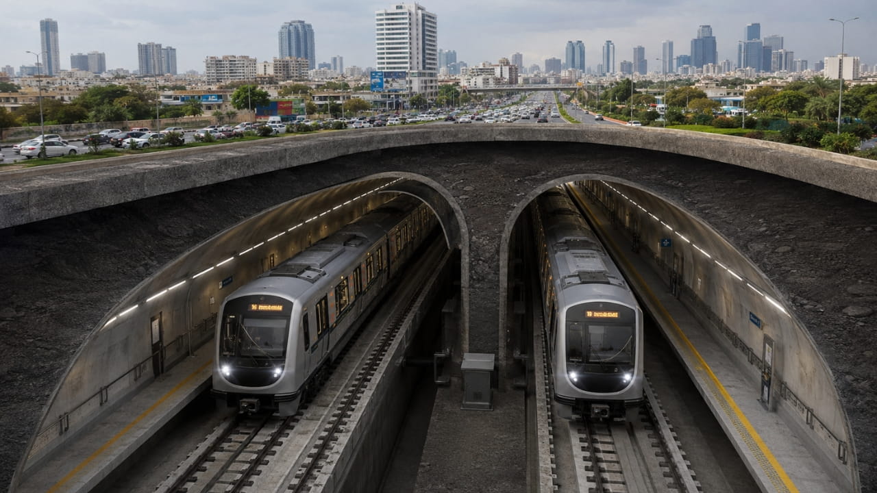 Conceptual underground railway tunnel with Karachi city skyline above representing the proposed transit network