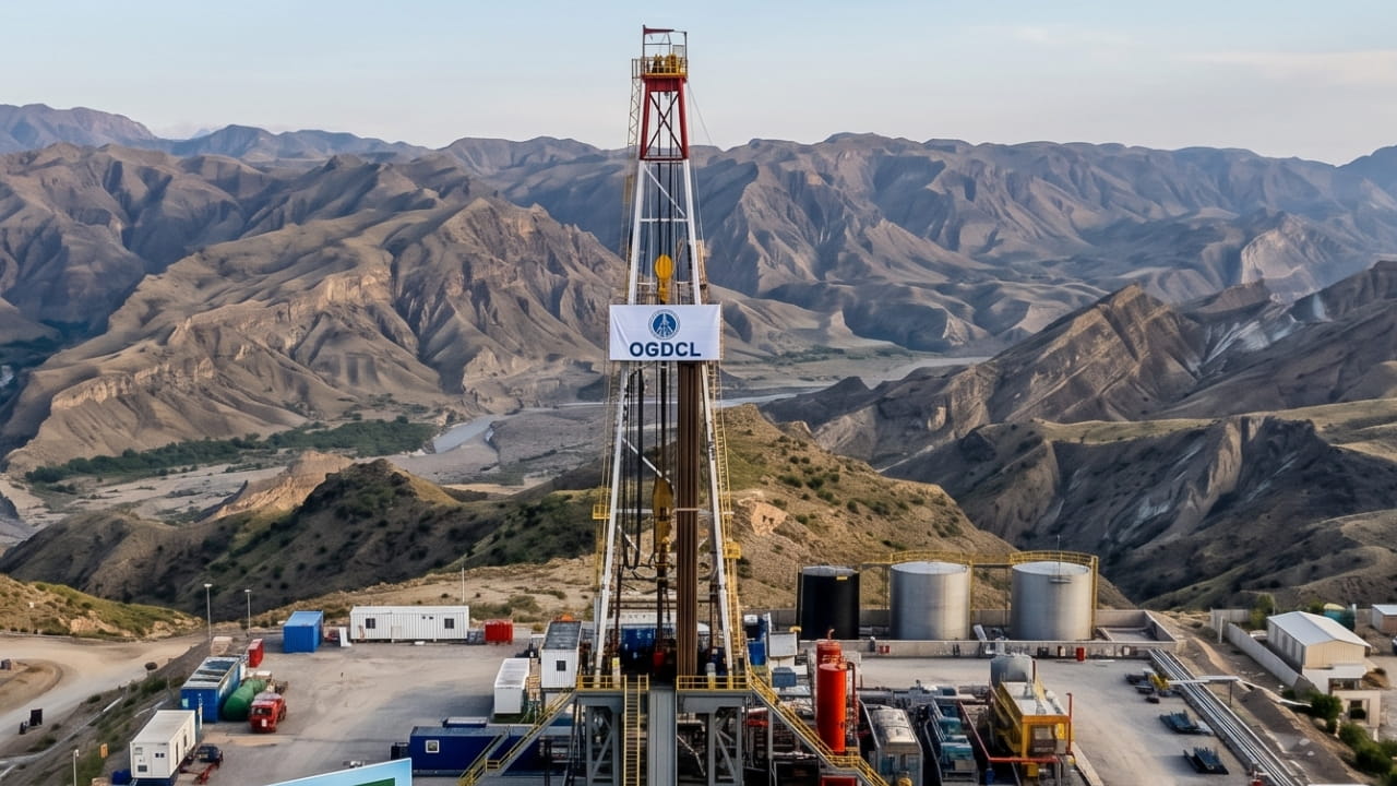Oil drilling rig at Kohat district with OGDCL logo representing Pakistan's largest oil and gas discovery