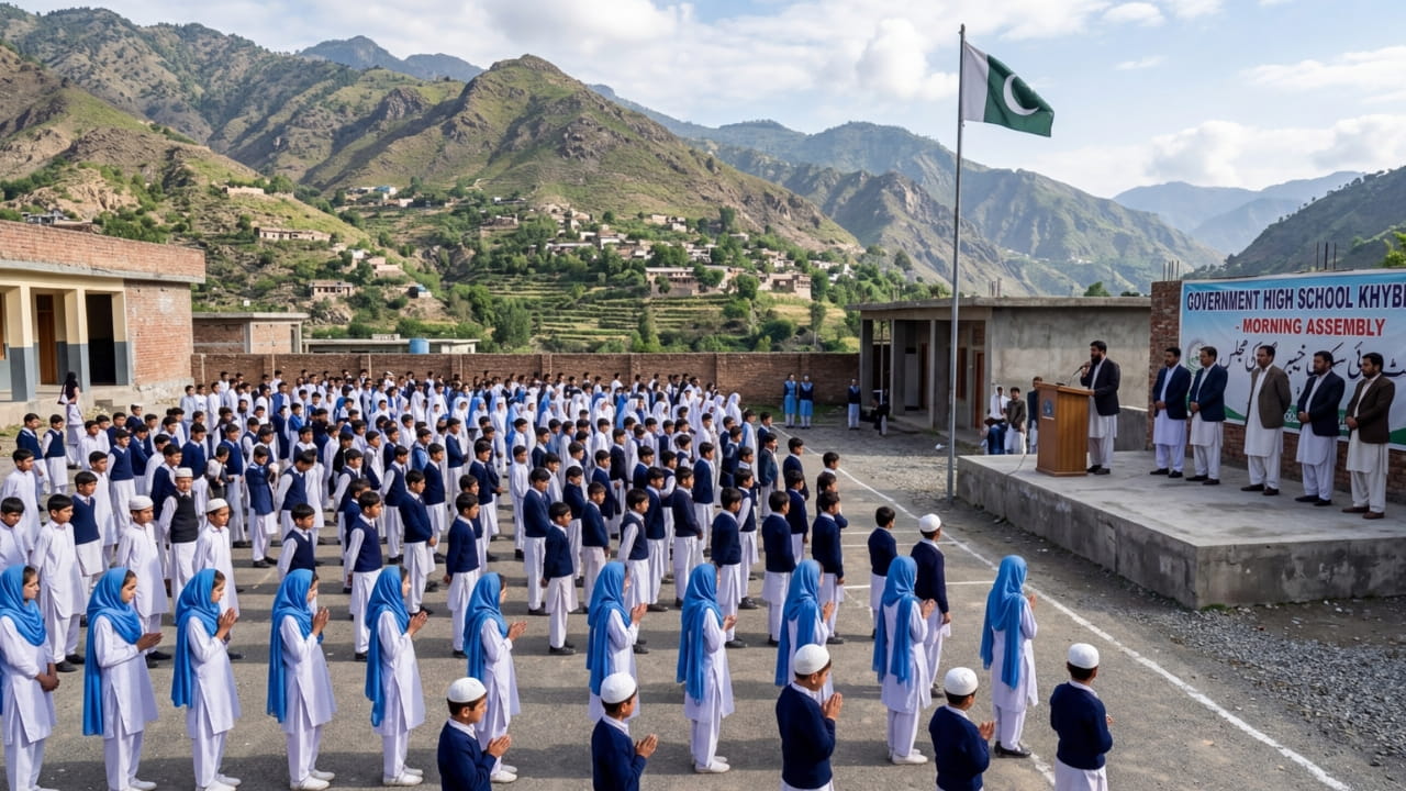 School children in Khyber Pakhtunkhwa attending morning assembly with teachers on stage