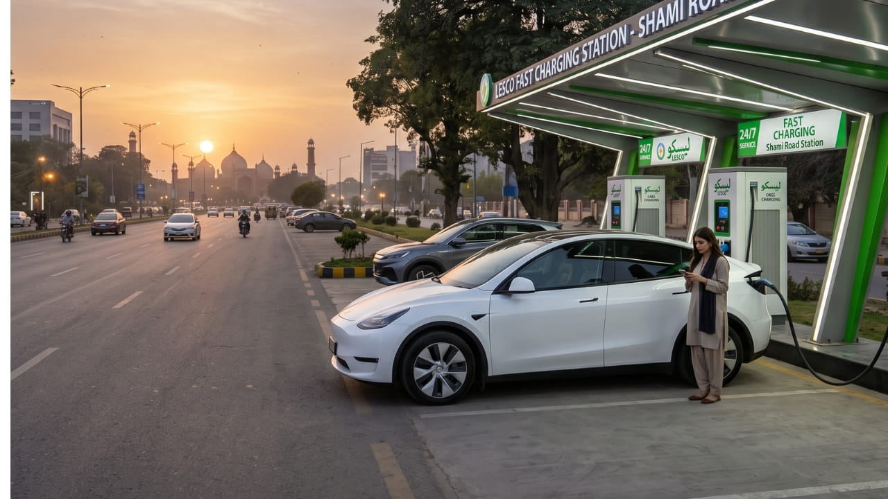 Electric vehicle charging at a modern fast charging station with LESCO branding on Shami Road, Lahore