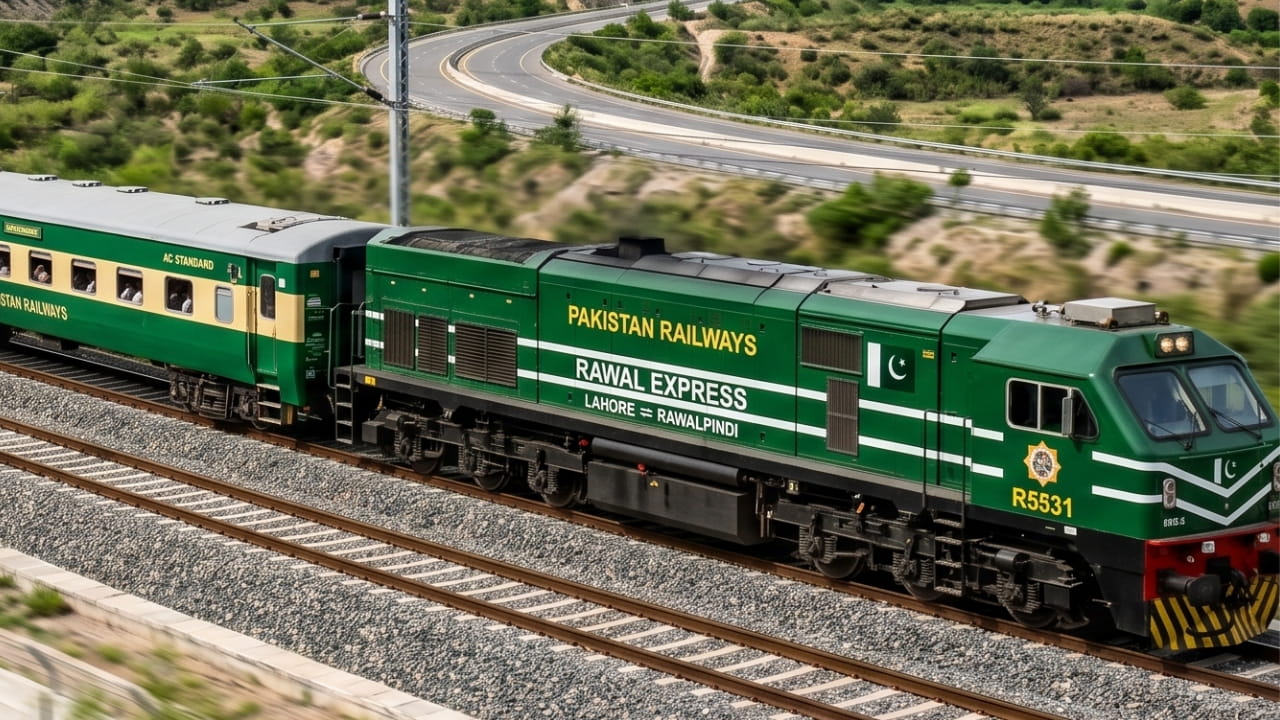 Modern train traveling on railway track representing the new fast train service between Lahore and Rawalpindi