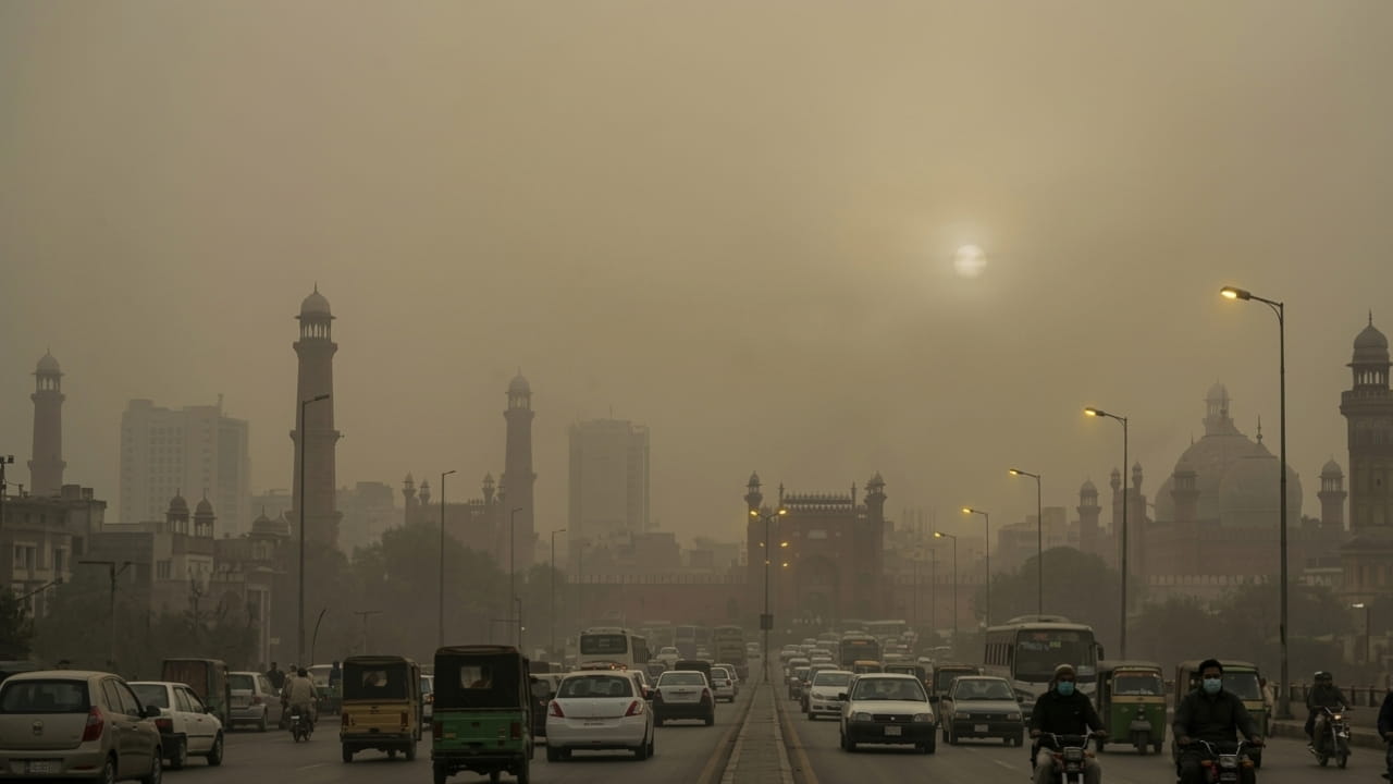 Dense smog blanketing the city of Lahore with poor visibility and heavy pollution