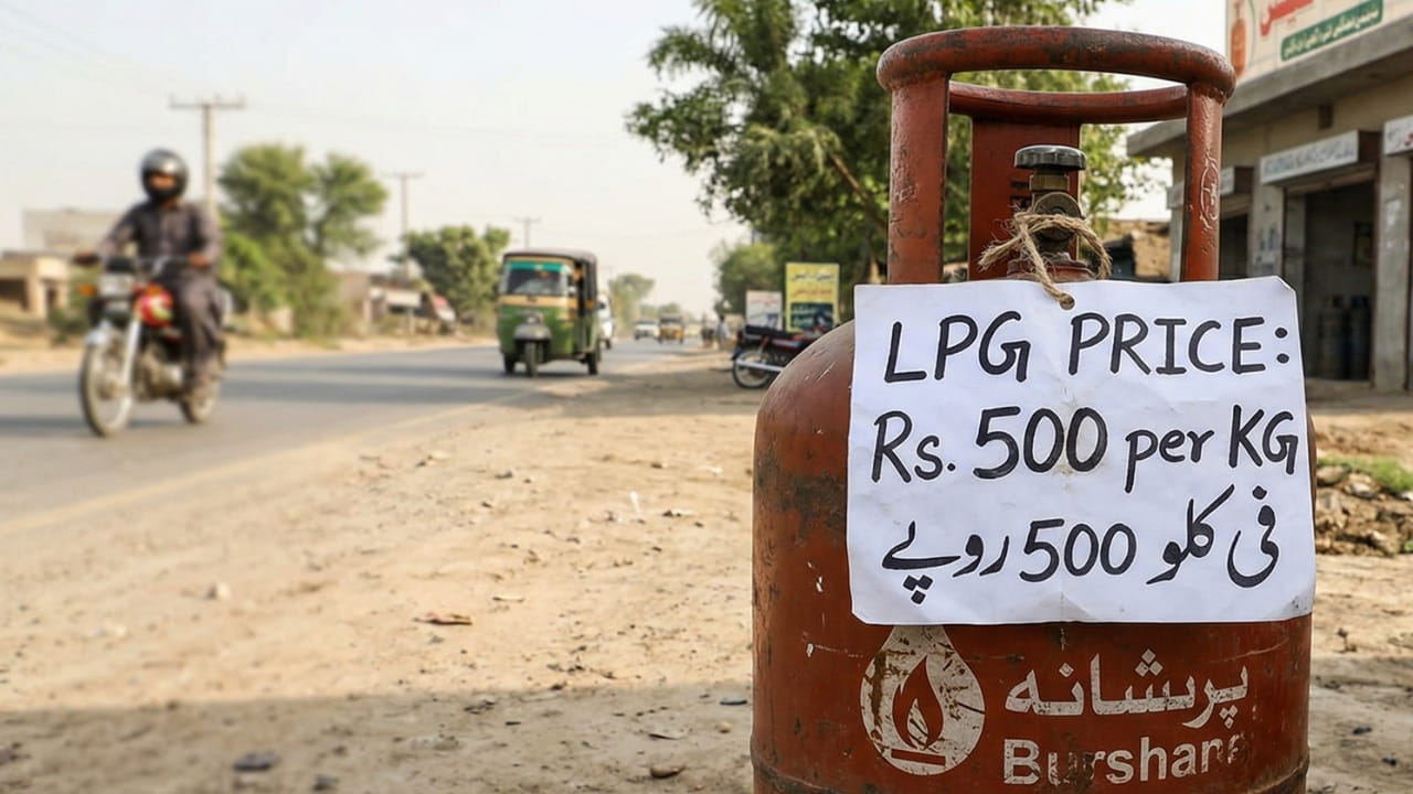 LPG cylinder with price tag showing Rs500 per kg and Pakistani currency notes representing the rising cost