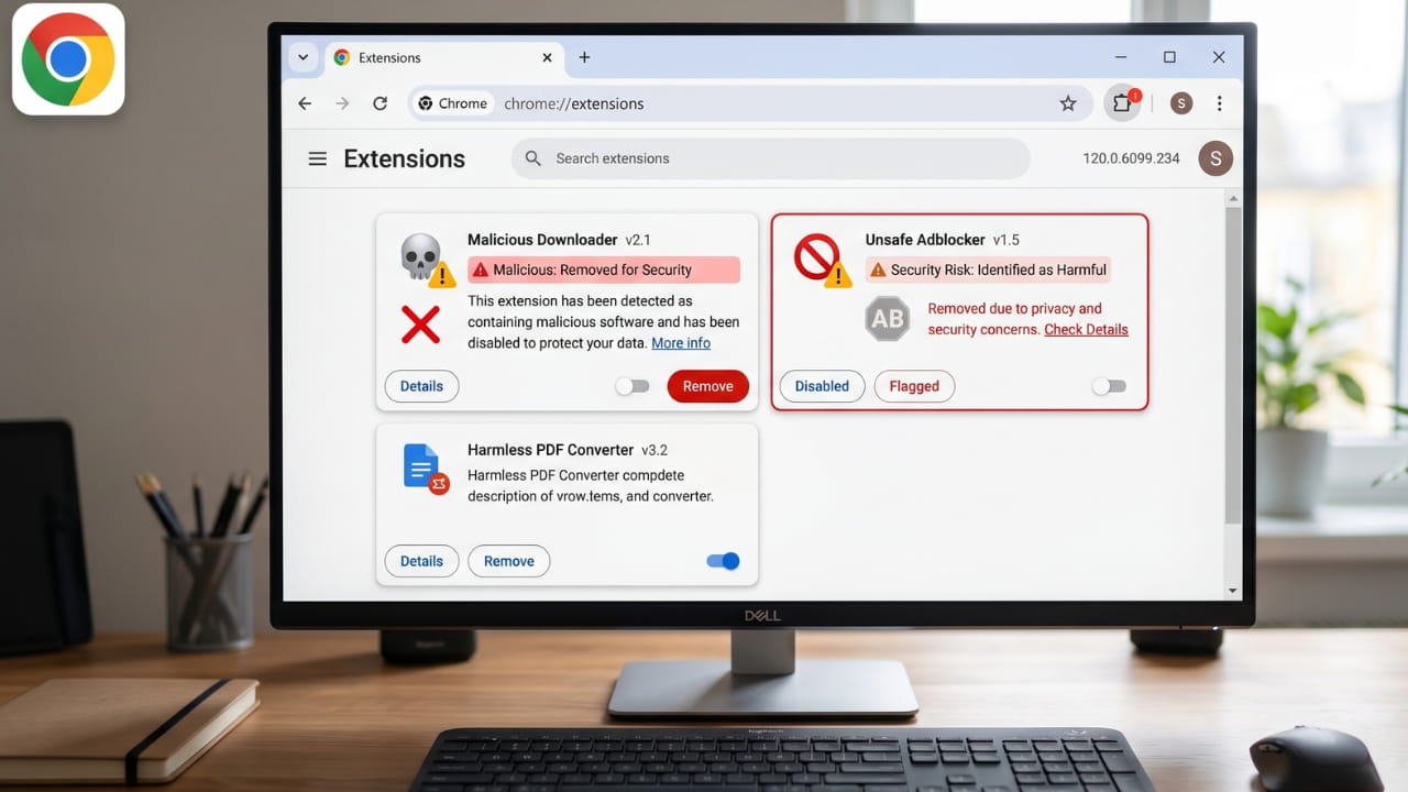 Chrome browser extensions management page showing warning signs for malicious extensions