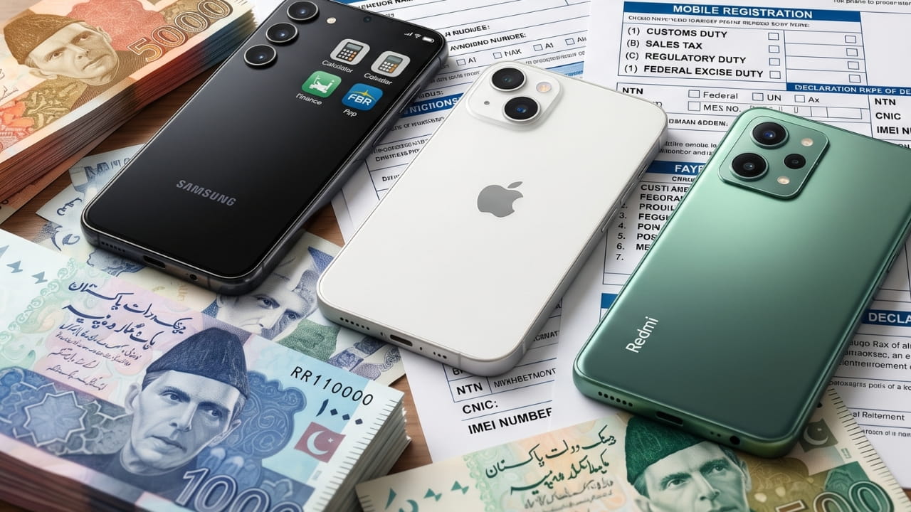 Smartphones with Pakistani currency and tax documents representing mobile phone taxation