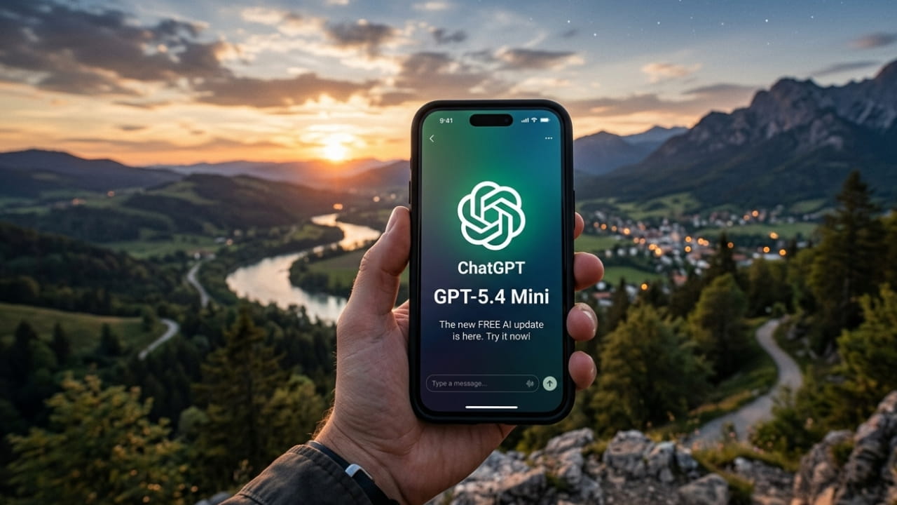 A glowing smartphone displaying the ChatGPT logo with GPT-5.4 Mini text, symbolizing the new free AI update