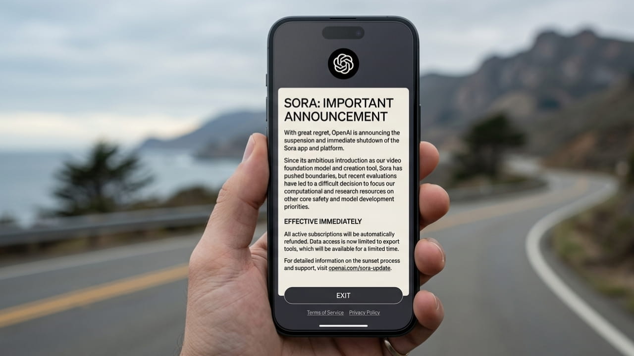 OpenAI logo and Sora app interface on a smartphone screen representing the shutdown announcement