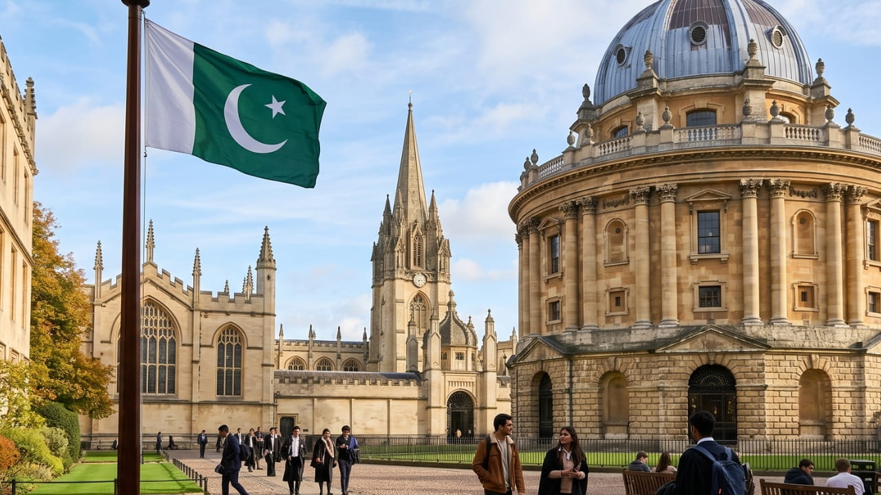 Oxford University campus with Pakistani flag representing scholarship opportunity for Pakistani students
