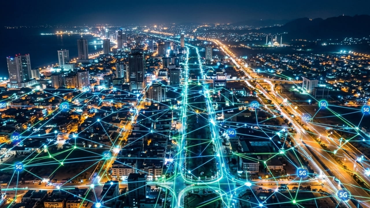 A glowing digital 5G connectivity network map over a modern Pakistani cityscape at night