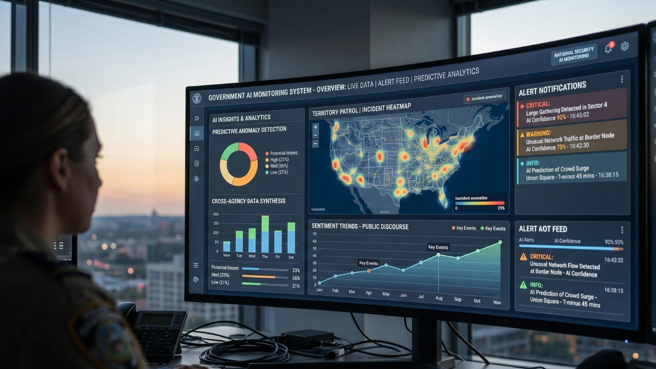 Digital dashboard interface showing AI-powered government monitoring system with data analytics and alert notifications