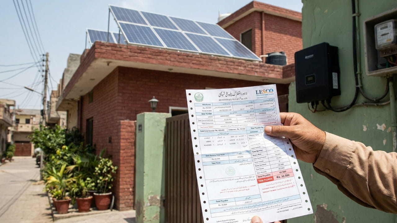 Electricity bill showing high amount with solar panels in background representing the energy crisis and solar solution