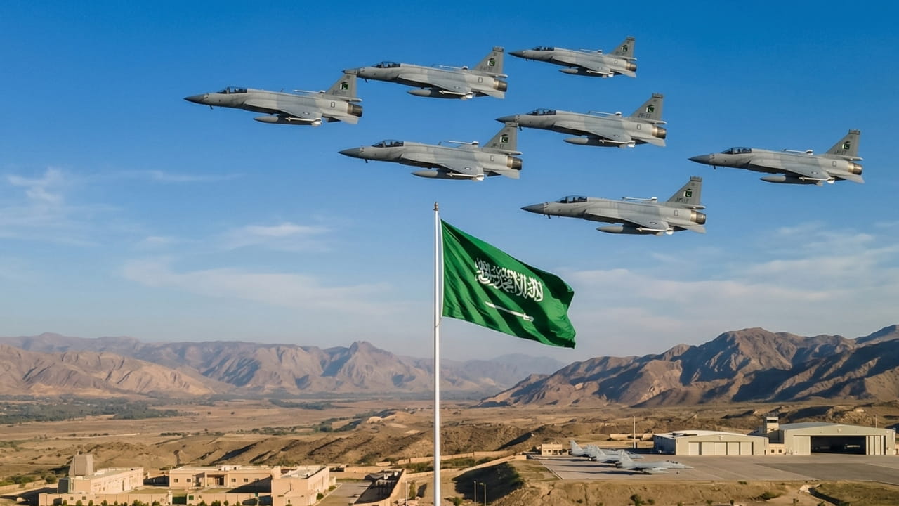 Pakistan Air Force fighter jets in formation with Saudi Arabian flag representing defence cooperation