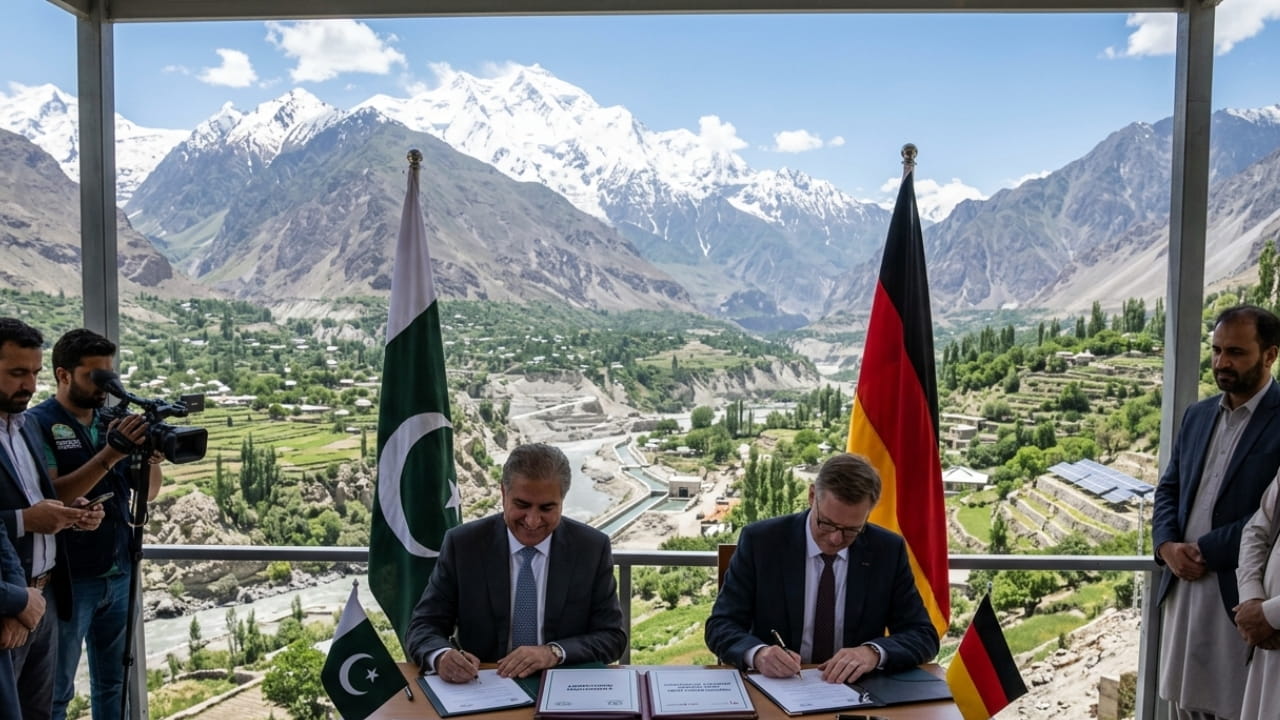 Officials from Pakistan and Germany's KfW Development Bank shaking hands over a signed €18 million renewable energy agreement document