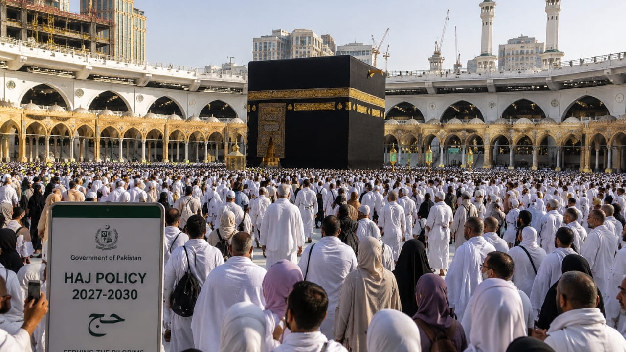 Pilgrims performing Haj with Kaaba in background representing Pakistan's new Haj policy 2027-2030