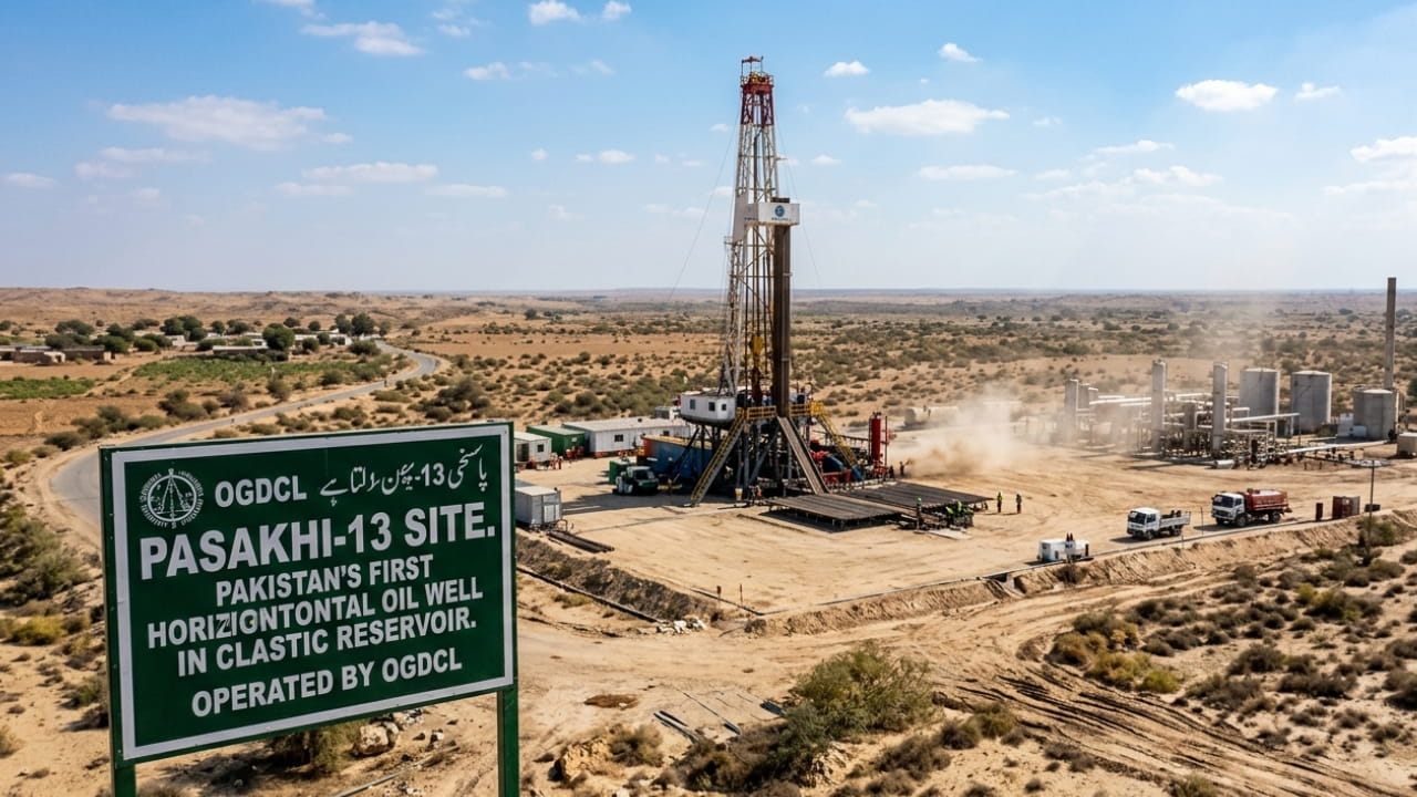 Oil drilling rig at Pasakhi-13 site in Sindh representing Pakistan's first horizontal oil well in clastic reservoir