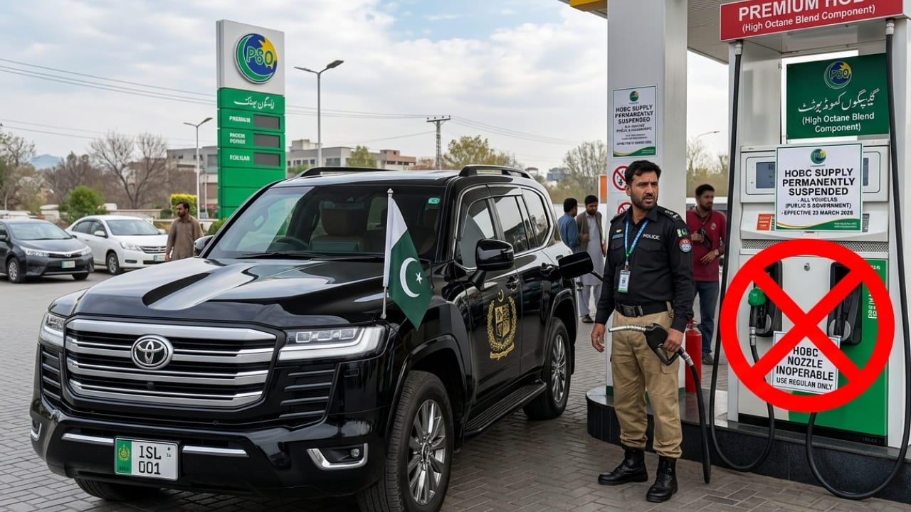 A high-end luxury government SUV at a petrol pump with a crossed-out premium fuel nozzle, representing the HOBC ban
