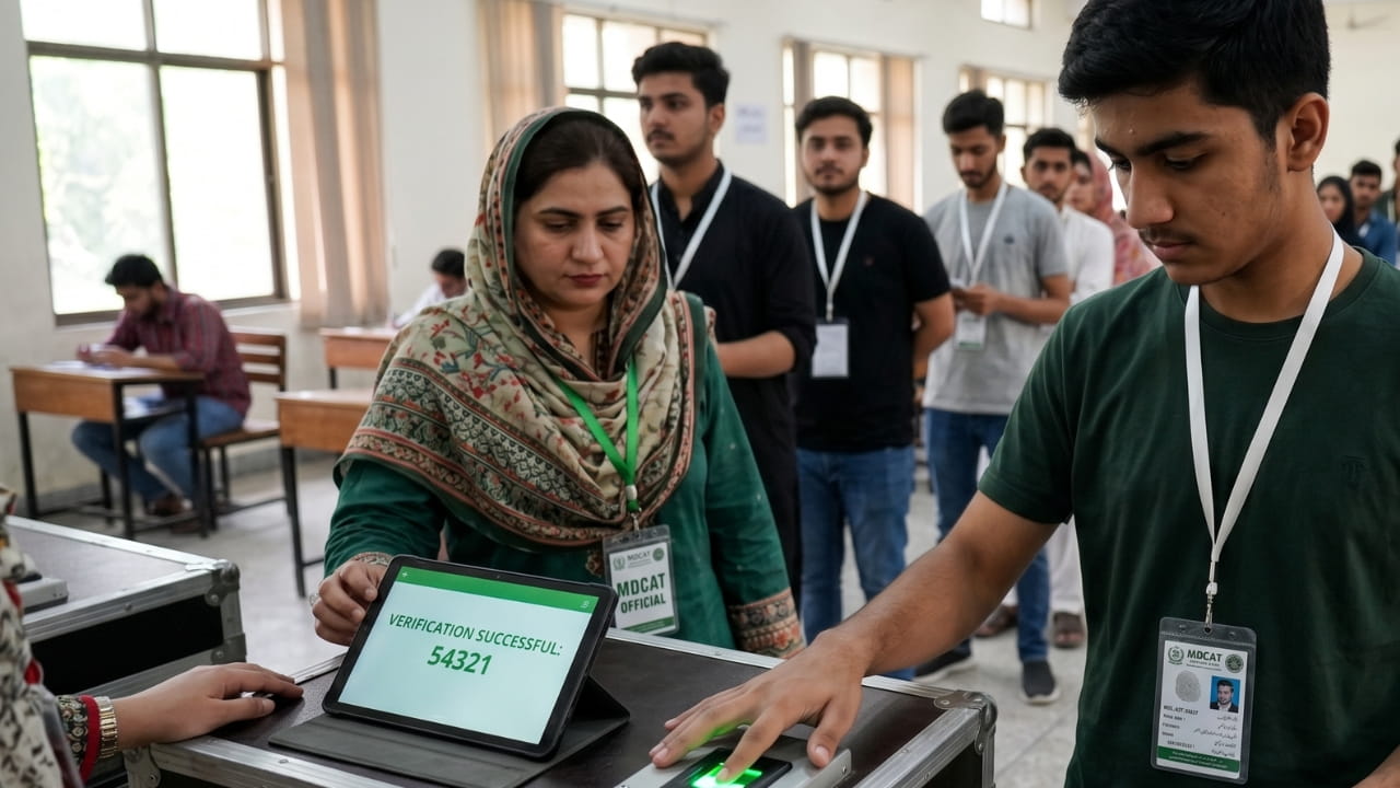 Student with ID card and fingerprint scan representing biometric verification for MDCAT exam