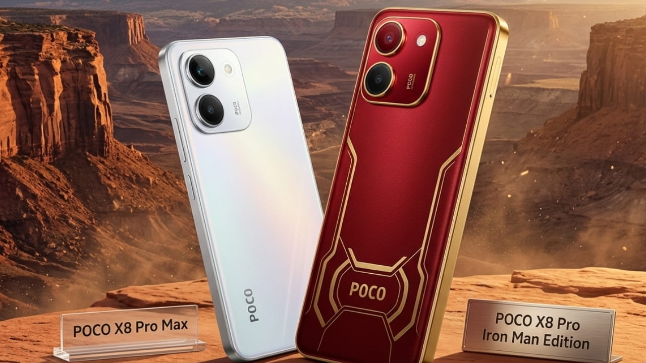 The stunning red and gold Poco X8 Pro Iron Man Edition smartphone displayed alongside the standard Poco X8 Pro Max