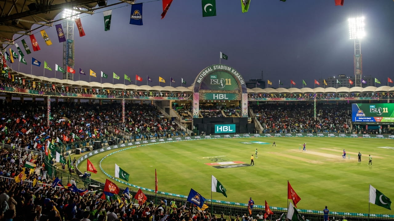 National Stadium Karachi decorated with flags and floodlights for PSL 11 matches