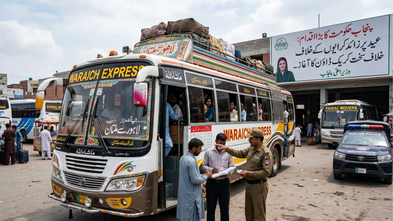 Traffic police and transport authorities inspecting intercity buses at a crowded bus stand in Punjab
