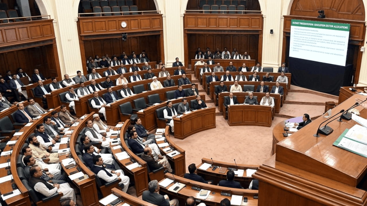 Punjab Assembly session with Finance Minister presenting budget documents and education sector allocations