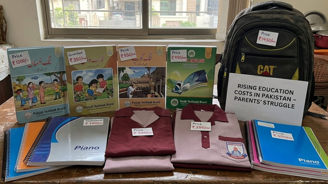 School supplies including textbooks, notebooks, uniform, and bag representing rising education costs in Pakistan