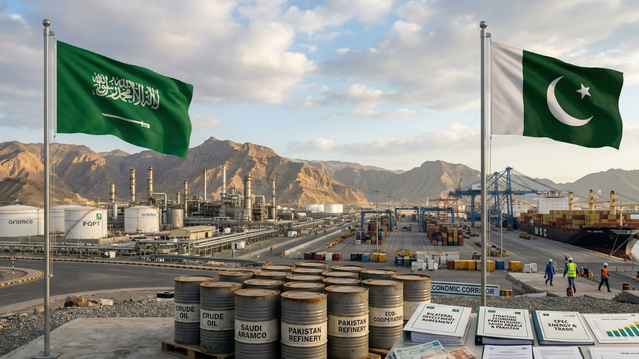 Saudi and Pakistani flags with financial documents and oil barrels representing economic cooperation