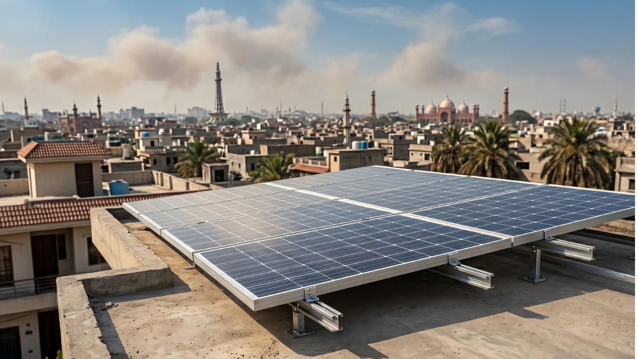 Solar panels installed on a rooftop in Lahore with Pakistani currency notes representing the price drop