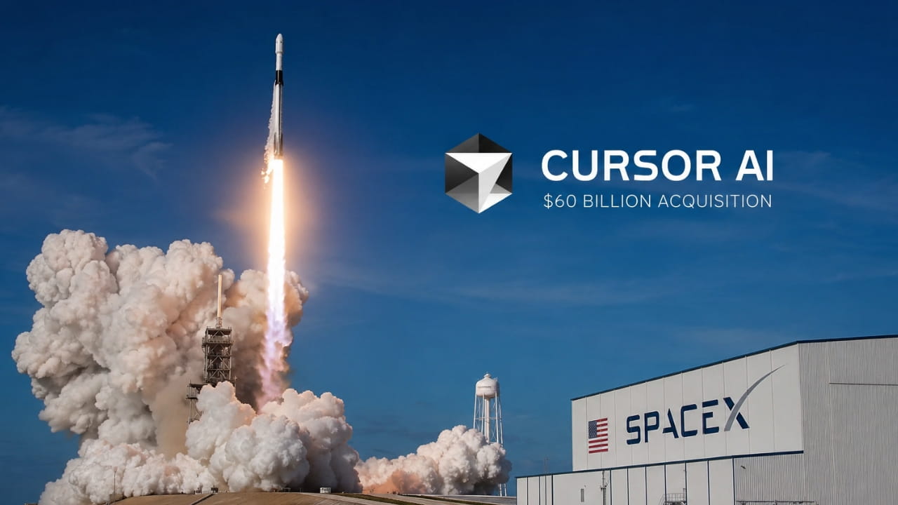 SpaceX rocket launch with Cursor AI logo overlay representing the $60 billion acquisition