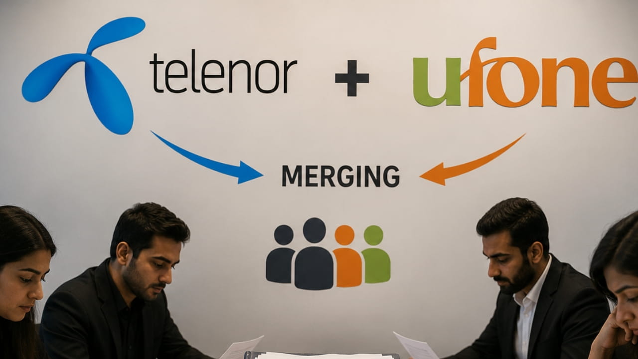 Telenor and Ufone logos merging with employees and documents representing workforce restructuring